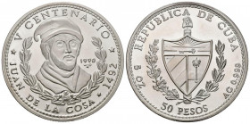 CUBA. 50 Pesos. (Ar. 155,39g/65mm). 1990. V Centenario. Juan de la Cosa. (Km#297). Plata de 0,999 milésimas. SC. Sólo 2000 acuñaciones.