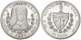 CUBA. 50 Pesos. (Ar. 155,90g/65mm). 1991. V Centenario. Reina Juana. (Km#432). Plata de 0,999 milésimas. SC. Sólo 1000 acuñaciones.