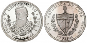 CUBA. 50 Pesos. (Ar. 155,39g/65mm). 1991. Diego de Velázquez. (Km#433). Plata de 0,999 milésimas. SC. Sólo 1000 monedas acuñadas.