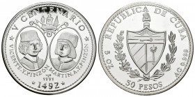 CUBA. 50 Pesos. (Ar. 155,55g/65mm). 1991. V Centenario. Hermanos Pinzones. (Km#434). Plata de 0,999 milésimas. SC. Sólo 1000 acuñaciones.