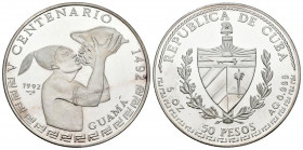 CUBA. 50 Pesos. (Ar. 155,91g/65mm). 1992. V Centenario. Chief Guama. (Km#359). Plata de 0,999 milésimas. SC. Muy escasa sólo 550 acuñaciones.