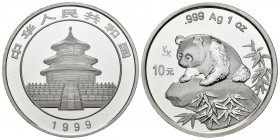 CHINA. 10 Yuan (Ar. 31,08/40mm). 1999. Panda sobre roca. Fecha larga. (Km#1216-var Y/2K encima del valor). PROOF.