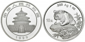 CHINA. 10 Yuan. (Ar. 31,01/40mm). 1999. Panda sobre roca. Fecha larga. (Km#1216). PROOF.