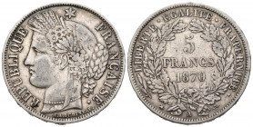 FRANCIA. 5 Francs. (Ar. 24,81g/37mm). 1870. París A. (Km#819). MBC.