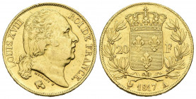 FRANCIA. 20 Francs. (Au. 6,45g/21mm). 1817. Louis XVIII. París A. (Km#712). MBC+.