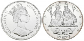GIBRALTAR. 70 Ecus. (Ar. 156,62g/65mm). 1995. Liberty y Britania sobre Eurotunel. (Km#501). Plata de 0,999 milésimas. PROOF. 2000 unidades acuñadas.