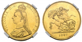 GRAN BRETAÑA. 5 Sovereign. (Au. 39,99g/35m). 1887. (Km#769). MS61. Encapsulado por NGC. Rara en esta calidad.