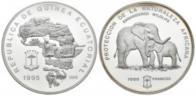 GUINEA ECUATORIAL. 7000 Francos. (Ar. 158,08g/65mm). 1995. Protección de la Naturaleza Africana. (Km#104). Plata de 0,999 milésimas. PROOF. Tirada de ...