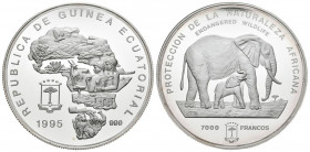 GUINEA ECUATORIAL. 7000 Francos. (Ar. 160,30g/65mm). 1995. Protección de la Naturaleza Africana. (Km#101). Plata de 0,999 milésimas. PROOF. Tirada de ...