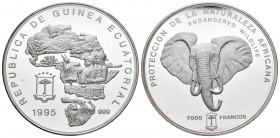 GUINEA ECUATORIAL. 7000 Francos. (Ar. 159,11g/65mm). 1995. Protección de la Naturaleza Africana. (Km#100). Plata de 0,999 milésimas. PROOF. Tirada de ...