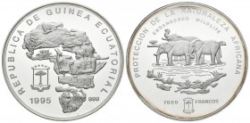 GUINEA ECUATORIAL. 7000 Francos. (Ar. 160,60g/65mm). 1995. Protección de la Naturaleza Africana. (Km#102). Plata de 0,999 milésimas. PROOF. Tirada de ...