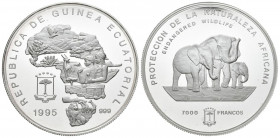 GUINEA ECUATORIAL. 7000 Francos. (Ar. 156,53g/65mm). 1995. Protección de la Naturaleza Africana. (Km#103). Plata de 0,999 milésimas. PROOF. Tirada de ...