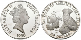 ISLAS COOK. 100 Dollars. (Ar. 167,00g/65mm). 1990. 500 Años del Descubrimiento de América. (Km#113). PROOF.