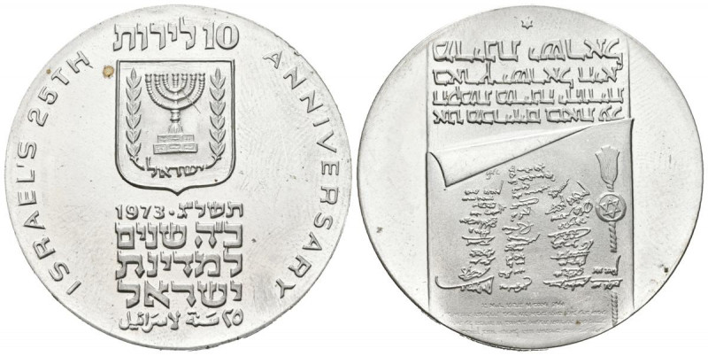 ISRAEL. 10 Lirot. (Ar. 25,90g/37mm). 1973. Aniversario de la Independencia. (Km#...