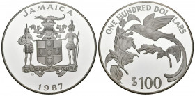JAMAICA. 100 Dollars. (Ar. 135,38g/63mm). 1987. (Km#139). Plata de 0,925 miléismas. PROOF.