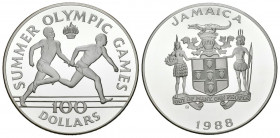 JAMAICA. 100 Dollars. (Ar. 135,47g/63mm). 1988. Juegos Olímpicos (Km#135). Plata de 0,925 miléismas. PROOF.