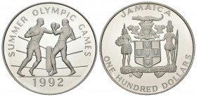 JAMAICA. 100 Dollars. (Ar. 137,24g/63mm). 1992. Juegos Olímpicos. (Km#149). Plata de 0,925 milésimas. PROOF.