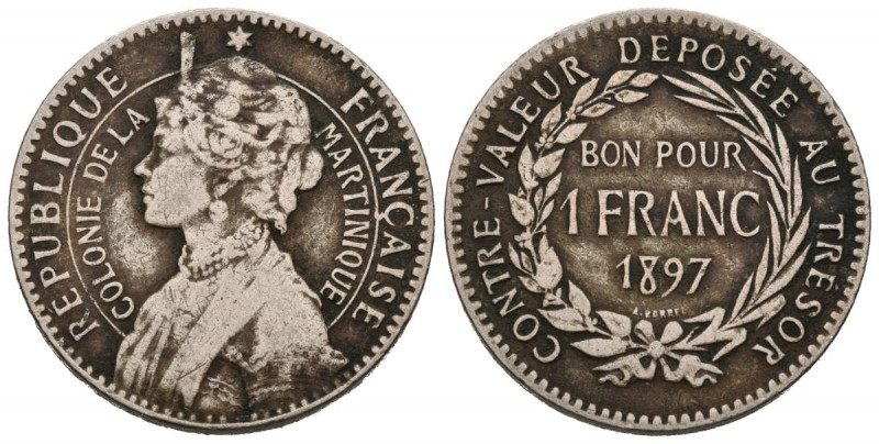 MARTINICA (Francia). 1 Franc. (CuNi. 7,93g/26mm). 1897. (Km#41). MBC. Muy escasa...
