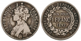 MARTINICA (Francia). 1 Franc. (CuNi. 7,93g/26mm). 1897. (Km#41). MBC. Muy escasa.