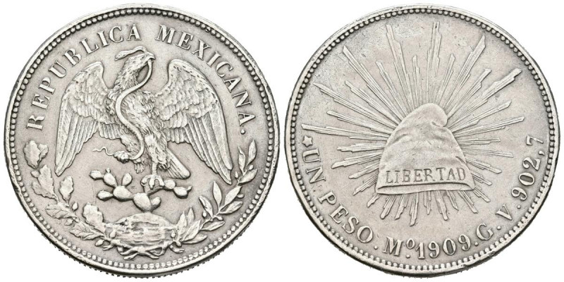 MEXICO. 1 Peso. (Ar. 27,05g/39mm). 1909. México GV. (Km#409.2). MBC+.