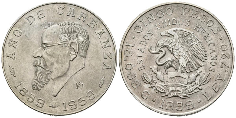 MÉXICO. 5 pesos. (Ar. 17,98g /31mm). 1959. Centenario del nacimiento de Venustia...