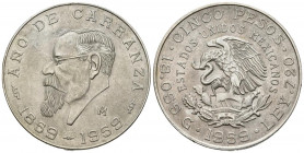 MÉXICO. 5 pesos. (Ar. 17,98g /31mm). 1959. Centenario del nacimiento de Venustiano Carranza (Km#471). EBC.
