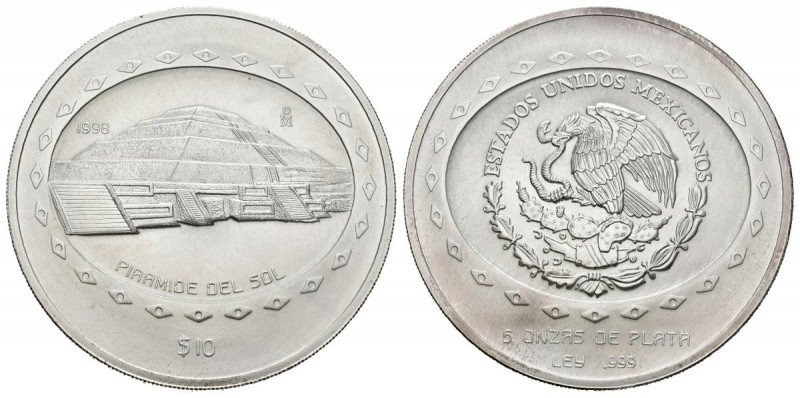 MEXICO. 10 Pesos. (Ar. 155,45g/65mm). 1998. Pirámide del Sol. (Km#623). Plata de...