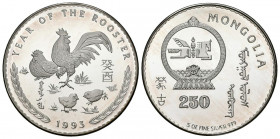 MONGOLIA. 25 Tugrik. (Ar. 156,48g/60mm). 1993. Año del Gallo. (Km#64). Plata de 0,999 milésimas. PROOF. Sólo 300 piezas acuñadas. Incluye certificado ...