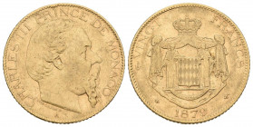 MÓNACO. 20 Francs. (Au. 6,43g/21mm). 1879. Charles III. París A. (Km#98). Oro de 0,900 milésima. MBC+