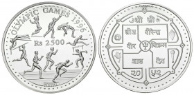 NEPAL. 2500 Rupees. (Ar. 154,57g/65mm). 1995. Juegos Olímpicos 1996. Plata de 0,999 milésimas. SC. Acuñación de 5000 unidades.