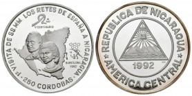 NICARAGUA. 250 Córdobas. (Ar. 157,91g/69mm). 1992. Visita de los Reyes de España. (Km#79). Plata de 0,999 milésimas. PROOF.
