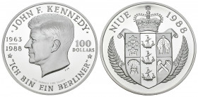 NIUE. 100 Dollars. (Ar. 155,61g/65mm). 1988. Pobjoy Mint. 25 Aniversario de la muerte de John F. Kennedy. (Km#19). Plata de 0,625 milésimas. PROOF.