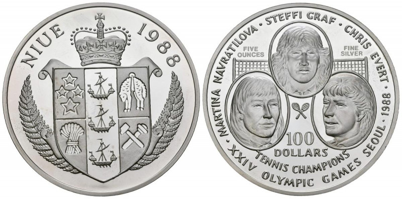 NIUE. 100 Dollars. (Ar.156,95g/65mm). 1988. Seúl 88. Tenis. (Km#40). Plata de 0,...