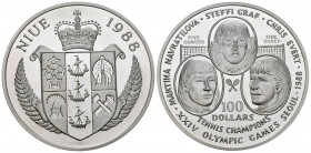 NIUE. 100 Dollars. (Ar.156,95g/65mm). 1988. Seúl 88. Tenis. (Km#40). Plata de 0,999 milésimas. PROOF. Acuñación de 3.000 unidades.