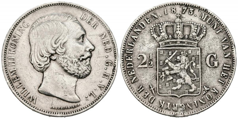 PAÍSES BAJOS. 2 1/2 Gulden. (Ar. 24,79g /38mm). 1873. Willem II. (Km#82). MBC