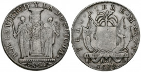 PERÚ. 8 Reales (Ar. 26,93/38mm). 1822. Lima JP. (Km#136). MBC. Interesante e histórica moneda del Perú recién independizado.