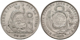 PERU. 1 Sol. (Ar. 24,92g/33mm). 1872. (Km#224). Resello (De Mey 720y 721). EBC-.