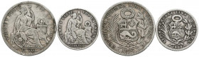 PERÚ. Conjunto de 2 monedas de 1/5 y 1/2 de Sol acuñados en 1907 y 1908. Diferentes estados de conservación. A EXAMINAR
