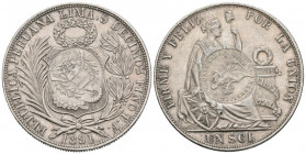 PERÚ. 1 Sol (Ar. 24,95g/38mm). 1891. Lima TF. Resellada a 1/2 Real en 1894. (Km#196.24); (Km#165 en 1/2 Real). MBC+.
