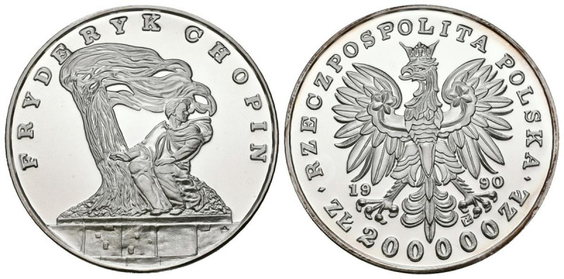 POLONIA. 200.000 Zlotych. (Ar. 155,67g/65mm). 1990. Fryderyk Chopin. (Km#202). P...