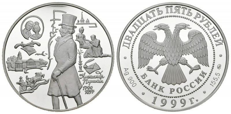 RUSIA. 25 Rublos. (Ar. 173,10g/60mm). 1999. 200 aniversario nacimiento de Aleksa...