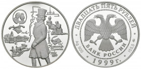 RUSIA. 25 Rublos. (Ar. 173,10g/60mm). 1999. 200 aniversario nacimiento de Aleksandr Sergeevic Puškin. (Km#691). Plata de 0,900 milésimas. PROOF.