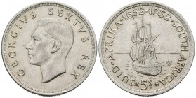 SUDÁFRICA. 5 Shillings. (Ar. 28,37g/39mm). 1952. Jorge VI. 300º Aniversario DE LA Fundación de Ciudad del Cabo (Km#41). EBC-.