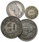 SUIZA. Bonito conjunto de 4 piezas de plata con módulos de 50 Rappen y 1 y 2 Francos. Fechas de acuñaciones comprendidas entre 1850 y 1908. Diferentes...