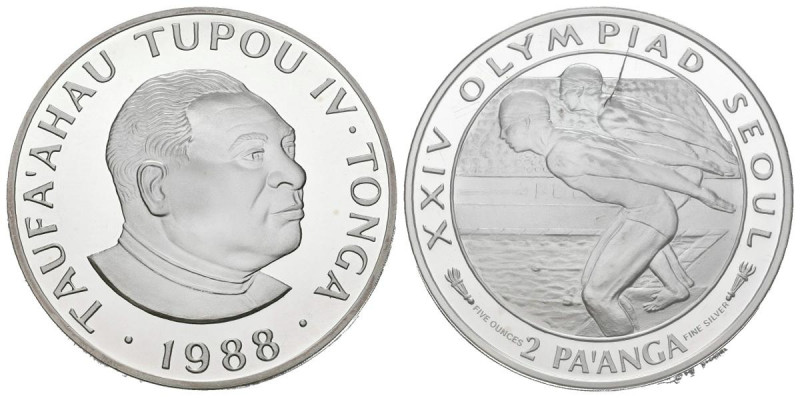 TONGA. 2 Pa´anga. (Ar. 155,52g/58mm). 1988. Juegos Olímpicos Seúl. (Km#129). Pla...