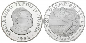 TONGA. 2 Pa´anga. (Ar. 155,52g/58mm). 1988. Juegos Olímpicos Seúl. (Km#129). Plata de 0,999 milésimas. PROOF.