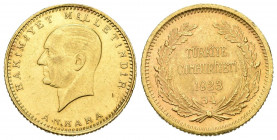 TURQUÍA. 100 Piastras o Kurush. (Au. 3,59g/18mm). 1923 (34; año 1957). Ankara. (Km#855). Oro de 0,917 milésimas. EBC-.