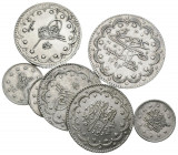 TURQUÍA (Imperio Otomano). Precioso conjunto compuesto por 7 monedas de plata de los siglos XIX y XX con valores y módulos de 1, 5 y 10 Kurush y 1 Pia...