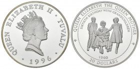 TUVALU. 20 Dollars. (Ar. 156,70g/65mm). 1996. Queen Elizabeth The Queen Mother. (Km#39). Plata de 0,999 milésimas. PROOF. Sólo 3000 unidades acuñadas....