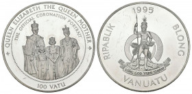 VANUATU. 100 Vatu. (Ar. 156,41g/65mm). 1995. Coronación de la Reina. (Km#27). Plata de 0,925 milésimas. PROOF. Rayitas. Sólo 2000 unidades.